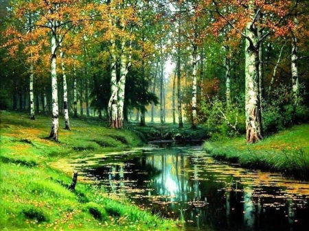 Quiet & Calm - autumn, fall, trees, river, leaves, birch, green, grass