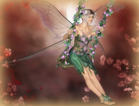 Happy Swing Fairy - pretty, attractions in dreams, magic, female, creative pre-made, happy, fairies, flowers, 3D art, plants, most downloaded, abstract, digital art, weird things people wear, colors, characters, colorful, wings, love four seasons