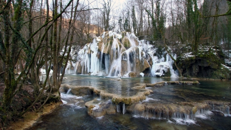 gorgeous cascading waterfall in france in winter - trees, winter, waterfall, cascade, stream