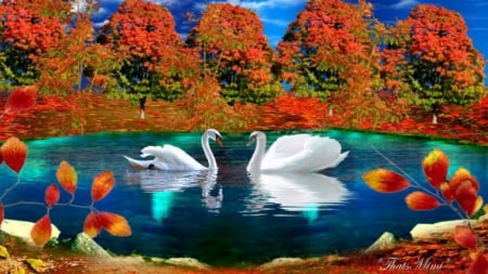 Fall Landscape - fall, pretty, swans, beautiful, autumn, lake, colors