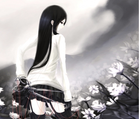 Cutting Flowers - clouds, pretty, anime, siccors, beautiful, girl, beauty, lovely, long hair, flowers, black, grey, white, cut, sky