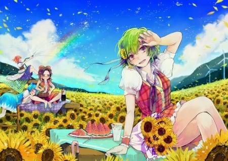 A Day In The Sun - clouds, kazami yuuka, sunflowers, anime, summer, cirno, touhou, rainbow, watermelon, onozuka komachi, friends, hakurei reimu, sky