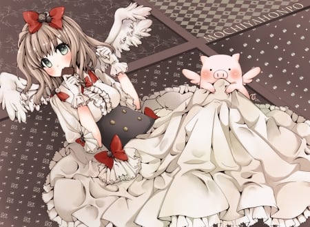 Divine Chocolate - bows, girl, pig, ribbons, wings, brown hair, pretty, anime, chocolate, blush, cute, short hair, dress