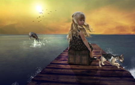 Setting Sun - dolphin, girl, fantasy, sun