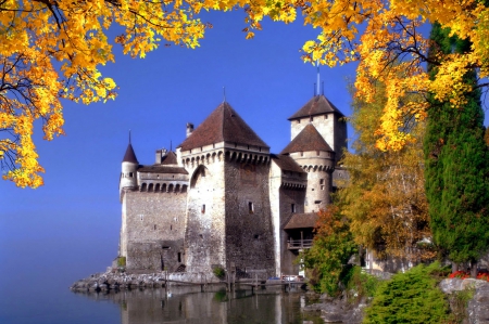 Chateau de Chillon-Montreux-Switzerland - calm, quiet, leaves, chateau, Chillon, shore, Swinzerland, nice, place, sky, castle, falling, branches, water, beautiful, colors, lovely, tree, fall, Montreux, autumn