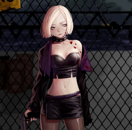 GunSlinGer - blood, anime, female, warrior, blonde, mad, blond hair, gloomy, emotional, short hair, pistol, gloom, blond, weapon, anime girl, serious, hot, gun, girl, blonde hair, fence, angry, sinister, sexy