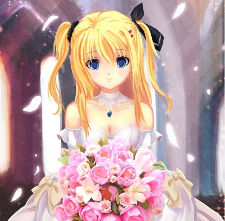 ♡ Bride ♡ - pretty, anime, elegant, divine, female, blossom, maiden, dress, blonde, blond hair, long hair, sublime, gorgeous, blond, nice, bride, gown, anime girl, hot, girl, blonde hair, lovely, sweet, flower, petals, bouquet, lady, cute, floral, sexy