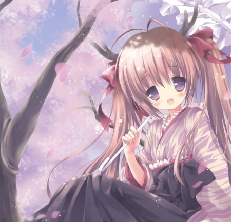 Tree Top - nice, female, hot, twintail, anime girl, brown hair, pretty, petals, anime, kimono, ribbon, twin tail, cute, sexy, girl, twintails, long hair, lovely, twin tails, yukata, sweet