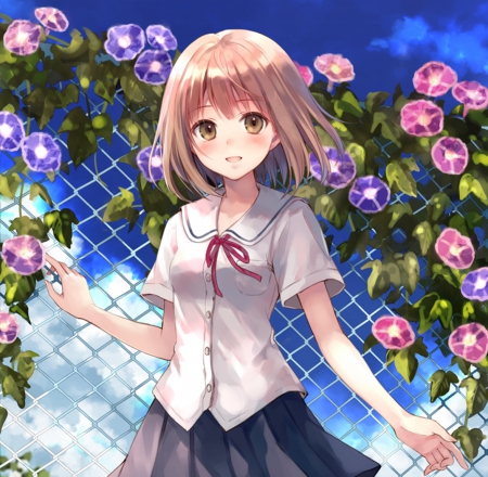 â™¡ Maiden â™¡ - flower, cute, maiden, blossom, hot, anime girl, girl, ribbon, lady, floral, blouse, pretty, kawaii, short hair, sweet, brown hair, anime, fence, nice, brown eyes, lovely, sexy, female