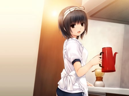 Tea Pot - nice, kitchen, female, hot, anime girl, brown hair, teapot, home, pretty, anime, pot, ribbon, house, cute, short hair, maiden, lady, sexy, girl, apron, lovely, kawaii, tea pot, sweet, smile