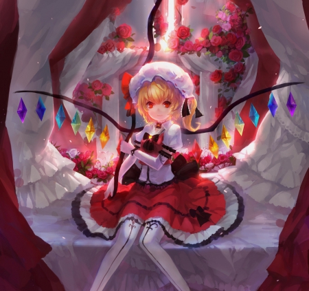 Flandre Scarlet - gown, flower, rose, cute, blond hair, blonde, hot, anime girl, scarlet, girl, wings, blond, blonde hair, flandre scarlet, flandre, floral, touhou, short hair, wing, anime, dress, roses, blososm, sexy, female