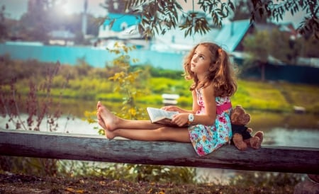 * Thoughtful little girl * - dreamer, little girl, water, nature, book, cute, teddy bear, tree