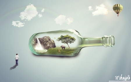 Magic in the bottle - elephant, art, abstract, clouds, bottle, balloon, surreal