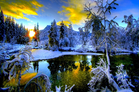 WINTER REFLECTION - lake, norway, mountain, reflection, clouds, winter