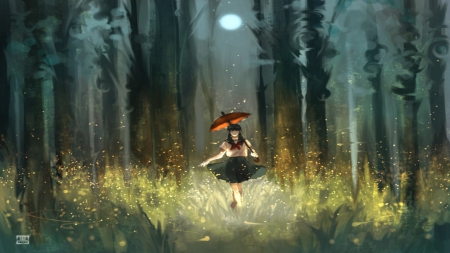 In the Night - pretty, anime, grass, night, forest, light, dark, umbrella, sky, moon, trees, girl, fireflies, beauty, lovely, sweet, cute