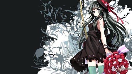 K On - black, cute, girl, white, hat, grey, red, pretty, beauty, flowers, sweet, anime, dress, art, long hair, roses, tie, lovely, music, green