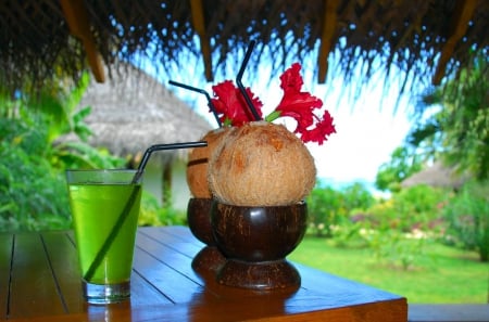 Coconut Cocktail and Flowers for Adi :) - fiji, island, polynesia, cocktail, tahiti, south pacific, drink, islands, flowers, coconut, tropical, bora bora, exotic, hibiscus, paradise