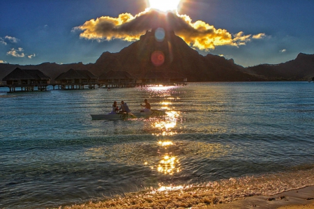 Amazing Bora Bora Sunset - lagoon, beach, boat, evening, island, honeymoon, romance, polynesia, sand, tahiti, exotic, paradise, canoe, wedding, sea, ocean, islands, sunset, tropical, bora bora