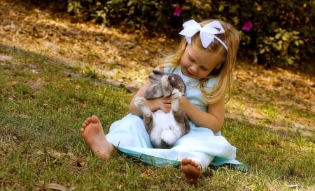 * Cute friends * - rabbit, little girl, sweetness, girl, grass, love, frinedship, nature, friends, field