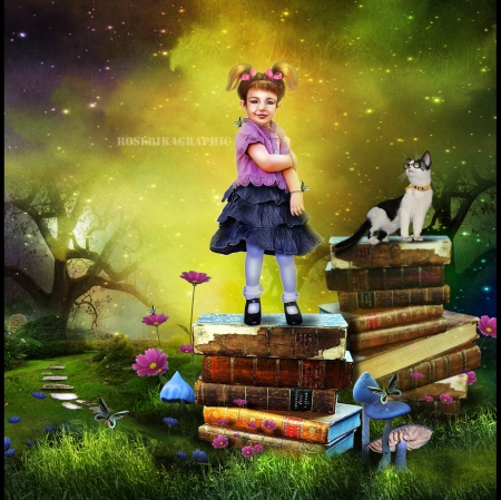 Cute Girl - girl, cat, books, cute, fantasy