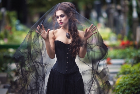 Sorrow - sorrow, woman, brunette, black, dress, model