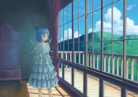 Cirno - clouds, anime, cirno, window, dress, short hair, touhou, blue hair, wings, fairy, bow, sky