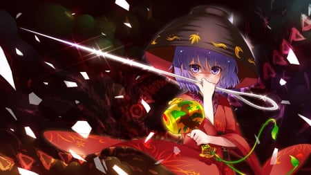 Sukuna Shinmyoumaru - hat, purple hair, touhou, weapon, anime, sukuna shinmyoumaru, blush, kimono, purple eyes, short hair