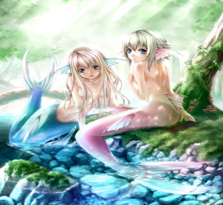 Mermaids - girls, forest, rocks, cute, beautiful, mermaids, grass, light, pink, pretty, water, beauty, sweet, anime, blue, long hair, trees