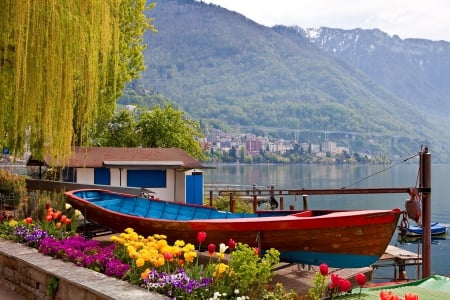 Montreux - town, boat, willow, photo, reflection, mountain, flowers, shore, Switzerland, lake, nice, place, houses, branches, water, beautiful, colors, lovely, dock, rest, tree, pier, village, river, Montreux