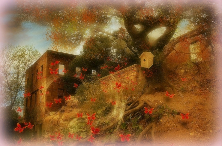 Butterflies in Autumn - photomanipulation, autumn, trees, animals, creative pre-made, fall, digital art, sunsets, house, surreal, butterflies, stunning, lovely, plants, nature, flying, love four seasons, beautiful, backgrounds, butterfly designs