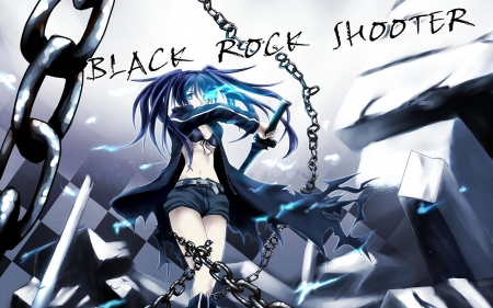 Black Rock Shooter - blue flame, chain, anime, weapon, brs, black, twn tails, black rock shooter