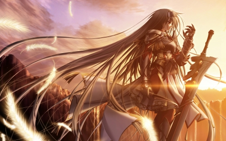 Human Female Destroyer - Sunset, Valey, sword, Destroyer, Knight, Anime, Feathers, Girl, Long Hair