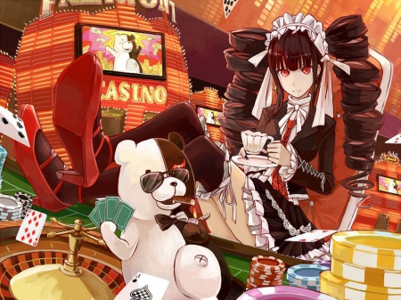 Celestia And Monokuma - lundenberg, games of chance, lucky games, celestia, queen of liars, monobear, anime, monokuma, casino, taeko yasuhiro