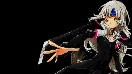 Eve - anime, female, warrior, eve, long hair, emotional, white hair, dark, elsword, armor, rpg, video game, silver hair, anime girl, game, serious, girl, darkness, sinister