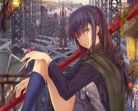 Paper Crane - anime, female, scenery, scene, long hair, sowrd, katana, weapon, anime girl, hot, girl, scenic, blade, paper crane, cute, crane, sexy