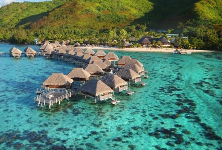 Bora Bora Lagoon and Water Villas - beach, paradise, water, bungalows, coral, polynesia, bora bora, green, lagoon, ocean, islands, tropical, reef, exotic, luxury, blue, villas, island, sea, tahiti