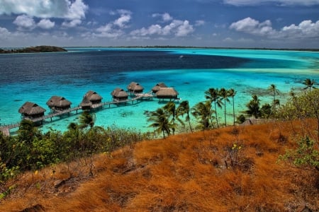 Bora Bora Water Bungalows - beach, aqua, paradise, water, bungalows, polynesia, bora bora, lagoon, ocean, islands, tropical, exotic, blue, island, villas, sea, tahiti