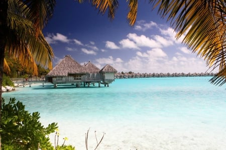 Bora Bora Clear Blue Lagoon - villas, lagoon, blue, beach, island, sand, tahiti, aqua, exotic, waters, paradise, bungalows, water, sea, ocean, islands, shallow, tropical, bora bora, clear