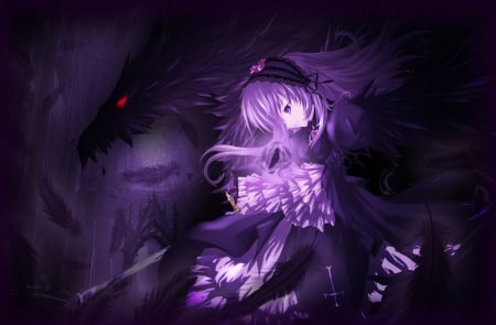 Suigintou - anime, female, dress, gloomy, long hair, dark, gloom, suigintou, sparks, purple hair, creepy, rozen maiden, gown, anime girl, creep, hot, girl, feather, darkness, glow, rozen, sexy