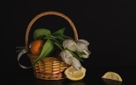 Still Life-white tulip- - white, orange, tulip, basket