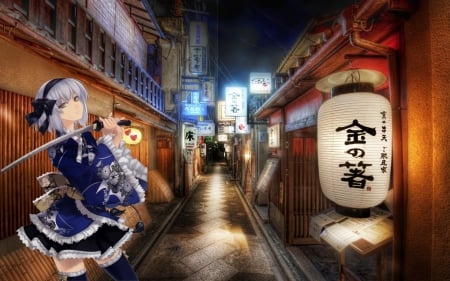 Touhou - pretty, anime, blue, beautiful, lanterns, dress, girl, sword, beauty, night, sweet, street, lights, katana, cute, sky