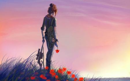 soldier girl - anime, poppies, female, gun, artwork, girl, grass, brown hair, cool, flowers, sunset