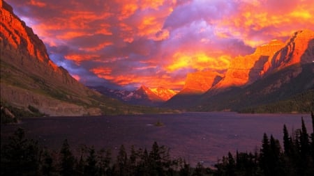 Glacier National Park, Alberta, Canada - sky, lake, clouds, sunset, mountains