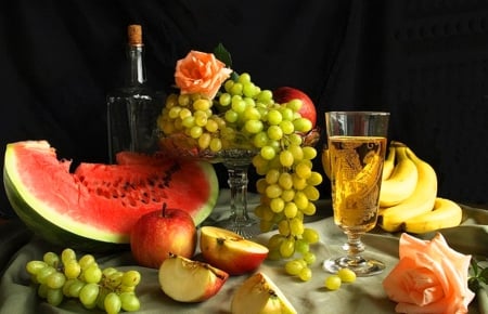 Fruits -still life - season, roses, wine, still life, bananas, other, fall, aroma, arrangement, bottle, watermelon, drink, glass, apples, fruit, taste, nature, pink, flowers, grapes