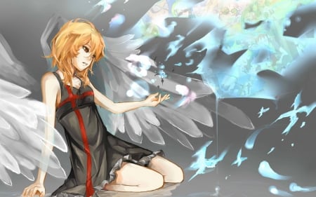 angel - angel, female, girl, magical, magic, necklace, wings, red eyes, orange hair, anime, dress, butterflies