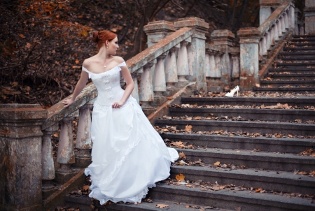 Runaway Bride - bride, beautiful, photography, girl, beauty, leaves, fall, stairs, redhead, autumn, woman, cinderella