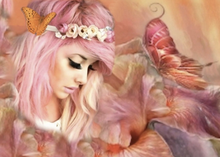 Pink Floral - girl, peach, wreath, black, fantasy, white, purple, floral, pink, orange, flowers, butterflies