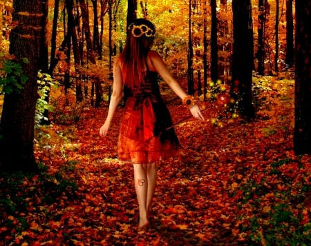 ~Autumn Walk~ - forest, magical, leaves, red, art, trees, artwork, beautiful, girl, beauty, colors, fall, colorful, fantasy, nature, woman, autumn