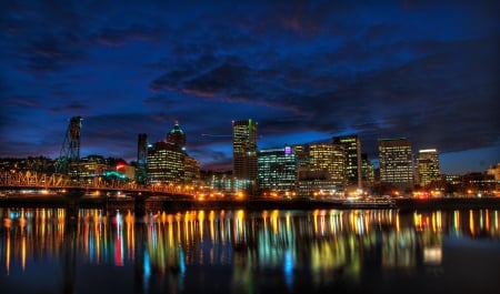 City Lights - skyline, splendor, sea, colors, city, city lights, night, reflection, buildings, Portland, lights, skyscrapers