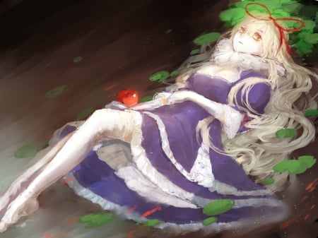 Yakumo Yukari - yellow eyes, touhou, anime, long hair, apple, dress, yakumo yukari, blonde